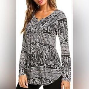 Like New Women's Paisley and Floral Print Long-Sleeve Boho Tunic Blouse